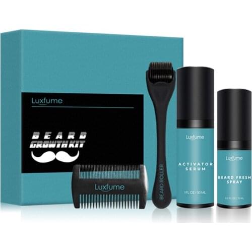 Luxfume 4 Pcs/set Men Beard Growth Kit Hair Growth Enhancer Thicker Oil Nourishing Leave-in Conditioner Beard Grow Spray Set