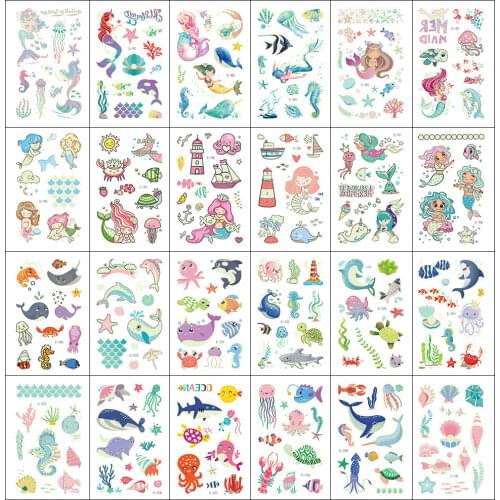 Luminous Mermaid Kids Tattoo Stickers Cartoon Fun Stickers Temporary Tattoo on Face Arm Leg for Child Body Art Decoration