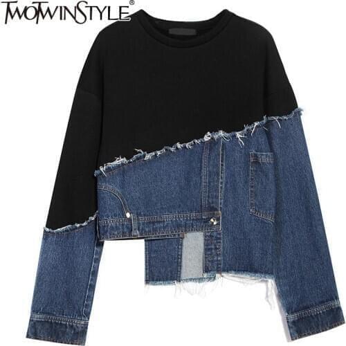 TWOTWINSTYLE Pacthwork Denim Asymmtrical Sweatshirt For Female O Neck Long Sleeve Loose Hit Color Hoodies Women 2020 Fashion New