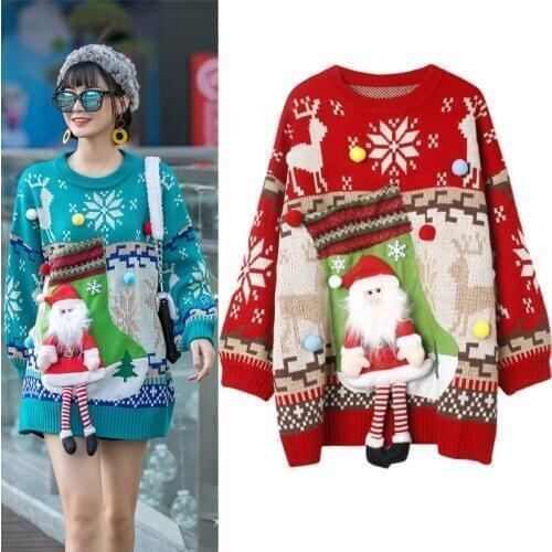 Ugly Christmas Sweater For Women Thicken Winter Warm Cartoon Patchwork Loose knitted Tops Retro Outwear Oversized Pullover