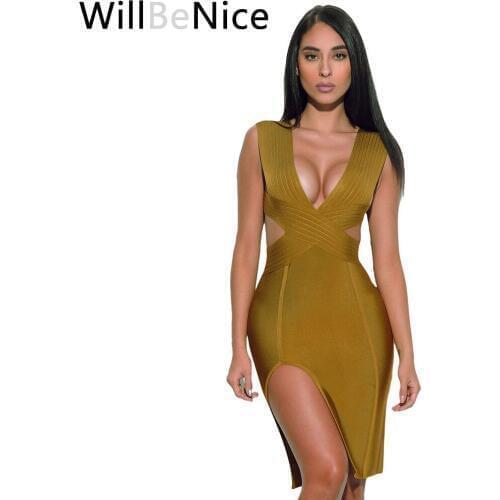 WillBeNice Oliver Green Side Split 2019 Sexy Deep V Neck Knee Length Sexy Women Bodycon Bandage Dress Club Bodycon Cocktail