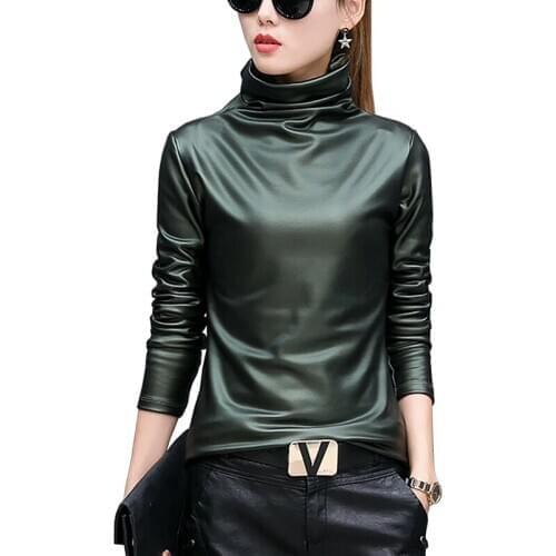Spring PU Leather Shirt Women Turtleneck Long Sleeve Tops Plus Size Punk Blouse Ladies Chic Fashion Blouses Pullovers Female New
