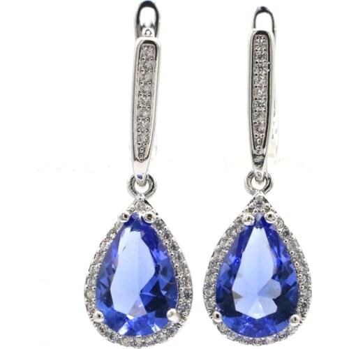 50x29mm Gorgeous Big Created Blue Aquamarine White Zircon Gift For Ladies Silver Earrings