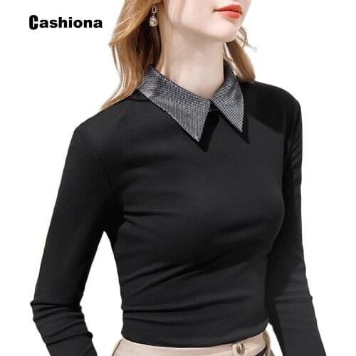 Cashiona Kpop Womens Top Elegant Leisure Casual T-shirt Long Sleeve Polo Collar Femme 2021 Spring Autumn Skinny Shirt Clothing