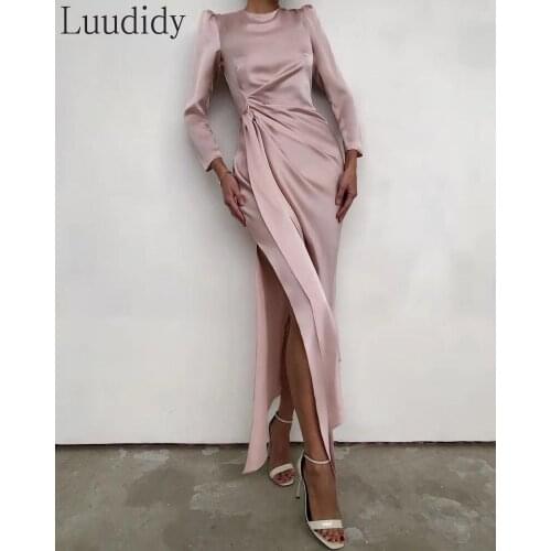 Women Solid Color Puff Sleeve Side Slit Ruched Maxi Satin Dress