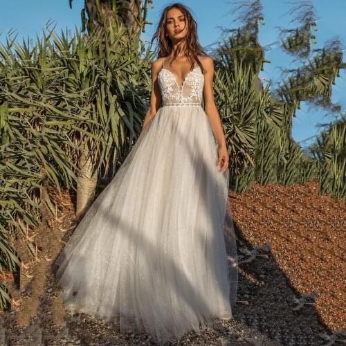 Thinyfull Sexy Spaghetti Straps Boho Wedding Dresses Backless A Line Bride Dresses Tulle Lace Appliques Vestido De Novia 2020