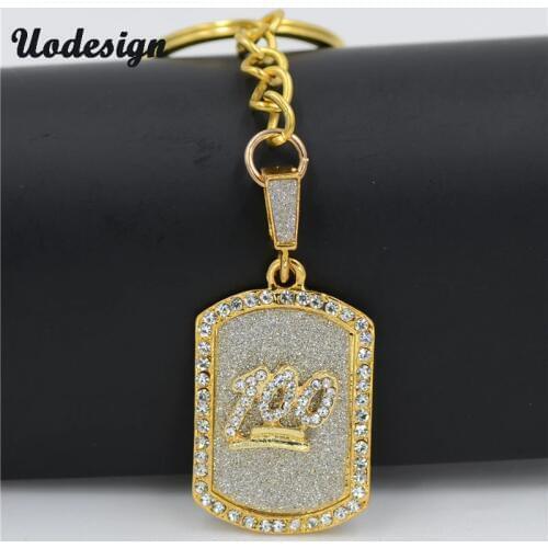 Gold Crystal Hip Hop Charm Pendants Keychain Rock Jewelry Gift Number 100 Bling Keyring