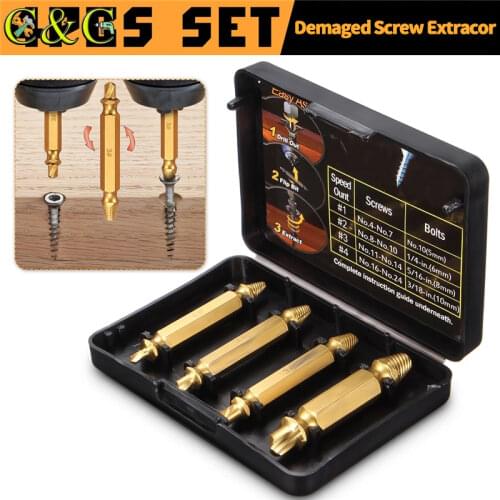 4pcs Titanium Coated Double Side Damaged Screw Extractor Drill Bits Guide Set Broken Speed Out Bolt Stud Stripped Screw Remover