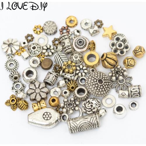 50g (About 75-90pcs) Mixed Gold Big Hole Tibetan Silver Tone Spacer Metal Beads For Needlework Charms For Jewelry Making