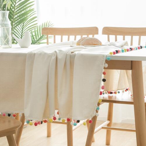 Decorative Cotton and Linen Tablecloth With Colored Wool Ball Plain Thick Rectangular Kitchen Dining Table Cover Tea Table Cloth