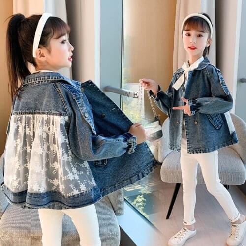 Spring Kids Girls Denim Jackets Turn-down Collar Children Lace Patchwork Coats Korean Cotton Loose Double Button Tops 8 12 14Yrs