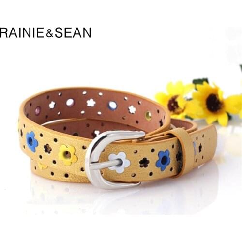 RAINIE SEAN Flower Girl Belt for Children Hollow Out Cute Waist Belt Pin Buckle Fashion Casual Kids Leather Belt 96cm
