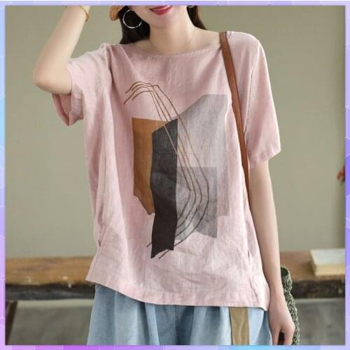 Retro Geometric Print Oversized T-shirt Pattern Cotton And Linen Womens Tee Shirt Casual Loose short-sleeved Top Plus Size