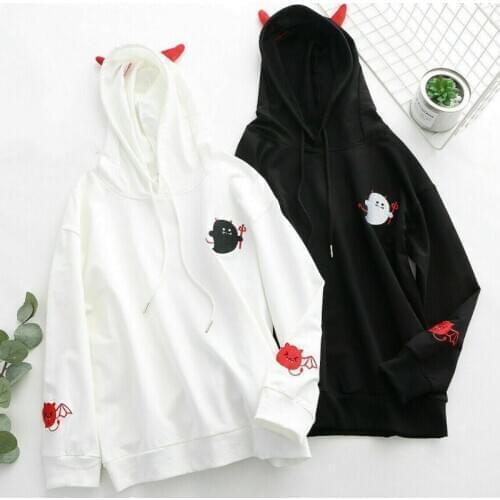 Harajuku Hoodies Girl Little Devil Horns Gothic Hooded Sweatshirts Women Demon Punk Hoody Casual Pullovers Tops Streetwear