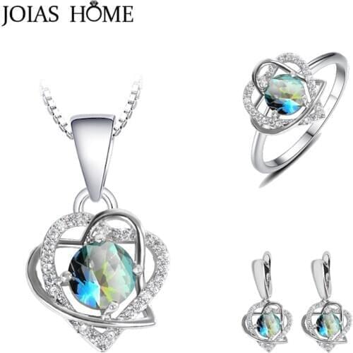 JoiasHome 16colors Gemstone Silver 925 Jewelry Set for Women Wedding Jewelry Trendy Heart shaped Charms Ring Earrings Necklace