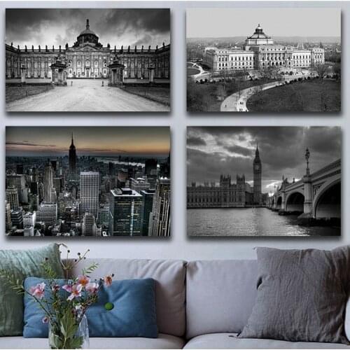 New York City Manhattan Brooklyn Bridge Black White Building Canvas Painting Posters and Prints Wall Art Picture for Home Decor