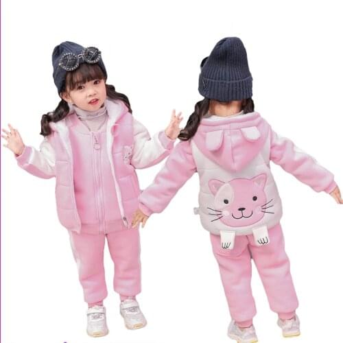 Winter Girls Cartoon cat Clothing Sets Kids Thick Warm Pants Suit Children Plus Velvet Tracksuit Toddlers Hooded Vest 3Pcs 1-4Y