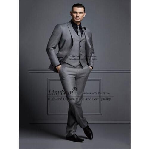 Handsome Dark Grey Mens Suit New Fashion Groom Suit Wedding Suits For Best Men Slim Fit Groom Tuxedos For Man 2021