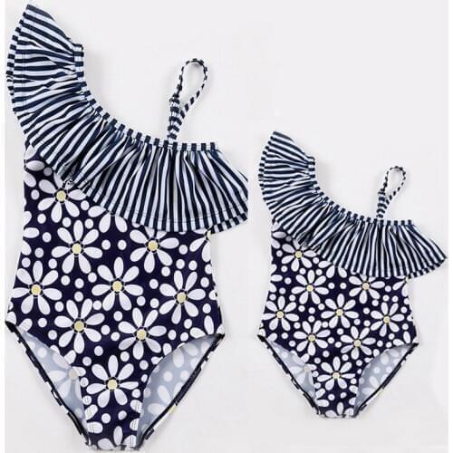 2020 New Mum and Me Swimsuit Children One Piece Monokini Floral One Shoulder Girl and Women Beachwea Parent-child Swimwear