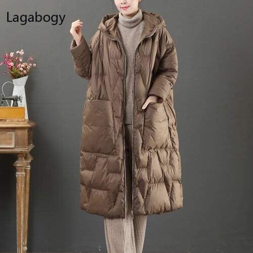 Lagabogy 2021 Winter 90% White Duck Down Jacket Women Oversized Thick Warm Hooded Long Batwing Parkas Female Loose Pocket Coats