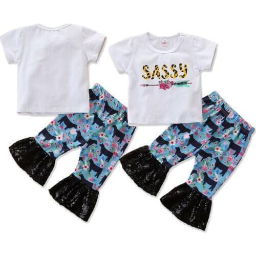 Summer Toddler Kids Baby Girls T-shirt Tops Flared Pants Outfits Set
