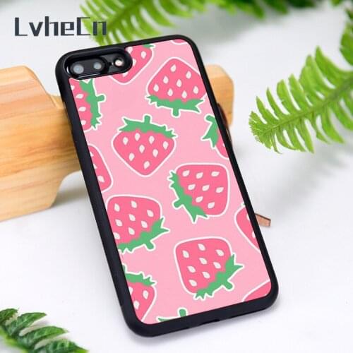 LvheCn Silicone Rubber Phone Case Cover for iPhone 6 6S 7 8 Plus X XS XR 11 12 Mini Pro Max Pink Strawberry