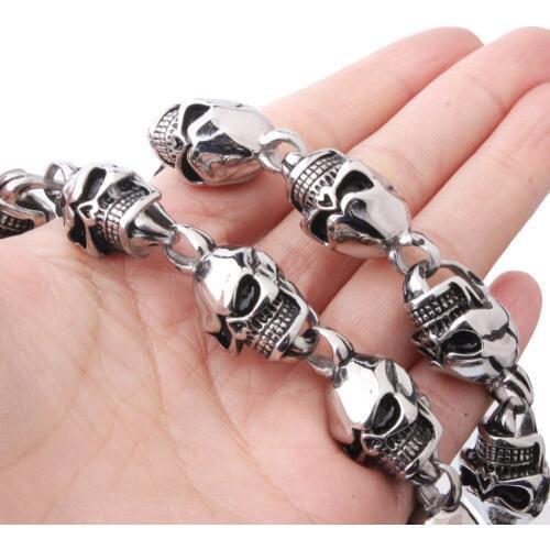 15mm Heavy Cool Stainless Steel Silver Color&Black Skeleton Skull Head Biker Jewelry Mens Necklace Christmas Gift 28inch Long