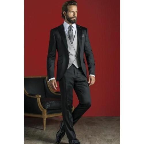 New Arrivals One Button Black Groom Tuxedos Peak Lapel Groomsmen Best Man Wedding Prom Suits (Jacket+Pants+Vest+Tie)
