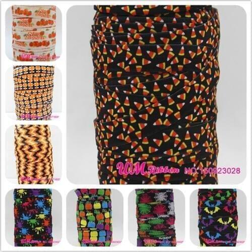 Q&N ribbon wholesale/OEM 5/8inch Orange&Black Chevron Halloween Printed folded over elastic webbing FOE 50yds/roll free shipping