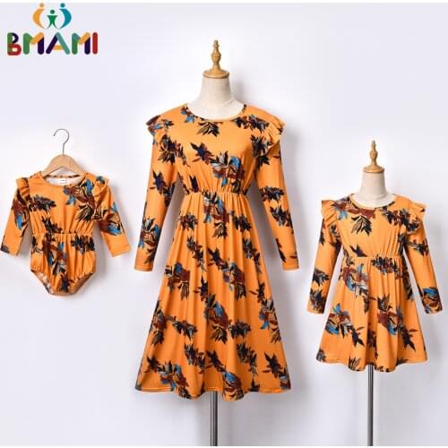 Mother Daughter Dress 2021 Spring Autumn Flowers Long Sleeve Dresses Family Matching Outfit Mom Girls and Baby Clothes Suits