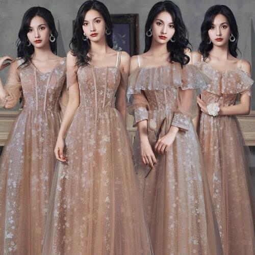 Bridesmaids Dresses Illusion A-Line Strapless Floor-Length Embroidery Lace Tulle Off The Shoulder Women Wedding Party Gown E431