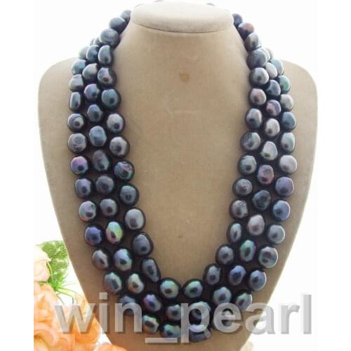 Selling Jewelry>>Rare Big 9-10MM black Baroque freshwater Cultured Pearl Necklace 50"