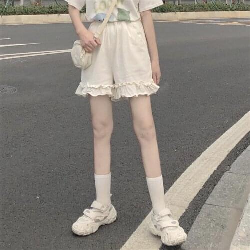 Kawaii Loose Ruffled Wide-Leg Shorts Women Japanese Soft Sweet Girls Elastic Waist Short Female Students Harajuku Women Clothing