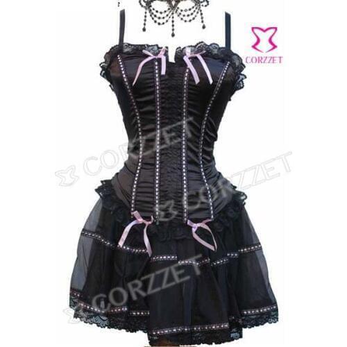 Sexy One Piece Lolita Style Satin Corpete Skirt Set Lace Trim Overbust Bustier Straps Gothic Corset Dress For Sale