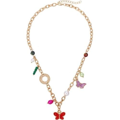 Stylish dripping butterfly pearl collarbone necklace ins mesh red metal chain pendant women accessories