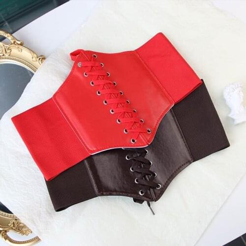 Ultra Super Wide Corset Belt Pu Leather Slimming Body Belts For Women Elastic High Waist Belt Ladies Front Tie Up Waistband