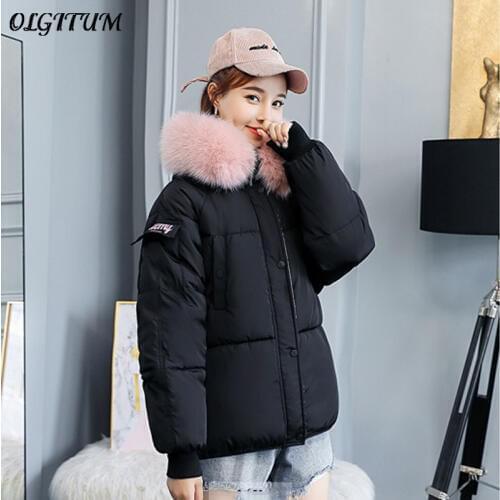 OLGITUM Ladies Winter Jacket Thick Big Fur Collar Cotton Coat With Big Fur Collar Loose Large Size Coat Women Casaco Feminino