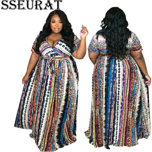 SSEURAT Women Plus Size Print Two Piece Set Fashion Tie Up T-shirt and Maxi Skirts Matching Set Streetwear Outfits