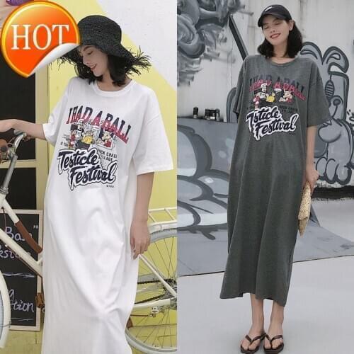Short sleeve dress womens summer 2021 new casual printing loose long knee size spring and autumn T-shirt skirt
