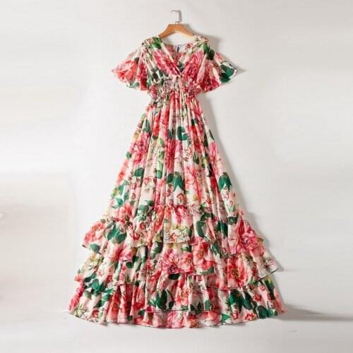 American New European and womens dresses for spring 2021 Lotus leaf sleeve V collar Peony printing elastic waist Fashion dress