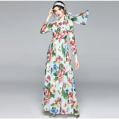 JSXDHK Fashion Runway Women Long Sleeve Holiday Maxi Dress New Autumn O Neck Flower Print Chiffon Long Swing Dress Silk Scarf