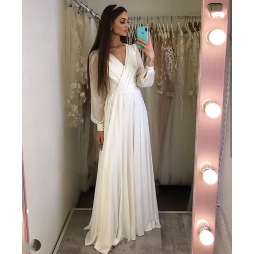 Simple V-Neck Wedding Dress 2021 Long Sleeve Chiffon Side Slit Floor Length Bridal Gowns Robe De Mariee Beach For Women White