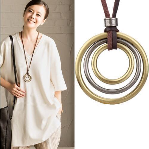 Handmade Vintage Bohemia Style Jewelry Accessories Long Leather Rope Necklace Bronze Maxi Necklaces & Pendants For Women 2016 X1