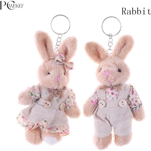 11cm Couple Floral Cloth Teddy Bear Rabbit Bunny Dolls Key Bag Pendants Couple Bear Rabbit Plush Keychain Lovers Friends Gift