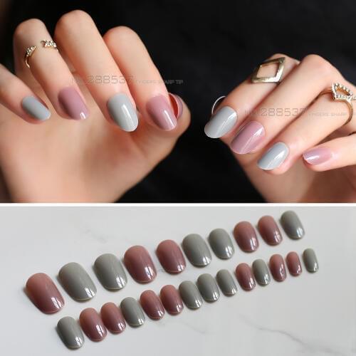 24pcs Color mixing Grey Coffee Round head false nails brown mash up DIY FAKE NAIL Suitable length Simple Art