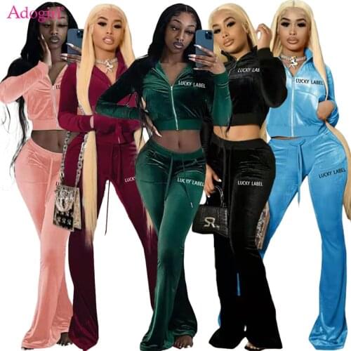 Adogirl Lucky Label Embroidery Velvet Two Piece Set Long Sleeve Zipper Coat Crop Top High Waist Flare Pants Women Tracksuit