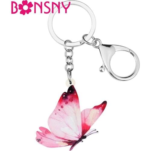 Bonsny Acrylic Lovely Pink Butterfly Keychains Long Animal Keyring Jewelry For Women Kids Lover Novelty Gift Car Purse Charms