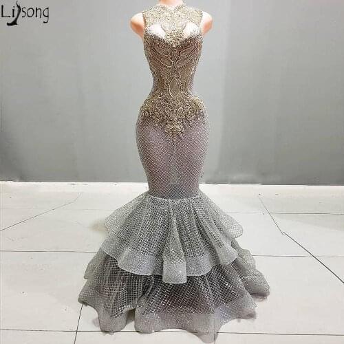 2020 Arabic Aso Ebi Silver Luxurious Lace Evening Dress Sparkly Beaded Mermaid Prom Dresses Formal Party Gowns robe de soiree
