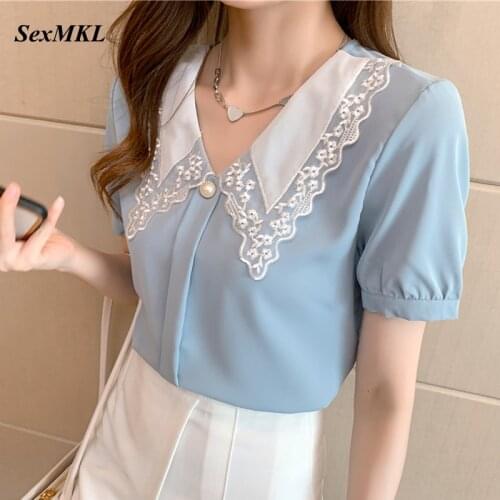 New Fashion Summer White Blouses Womens 2021 Korean V Neck Lace Patchwork Pink Chiffon Shirt Elegant French Loose Blusas Mujer