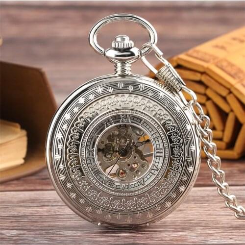 Luxury Gentlemen Silver Mechanical Pocket Watch Hand Winding Roman Numerals Display Pendant Fob Clock Retro Souvenir Gifts Male